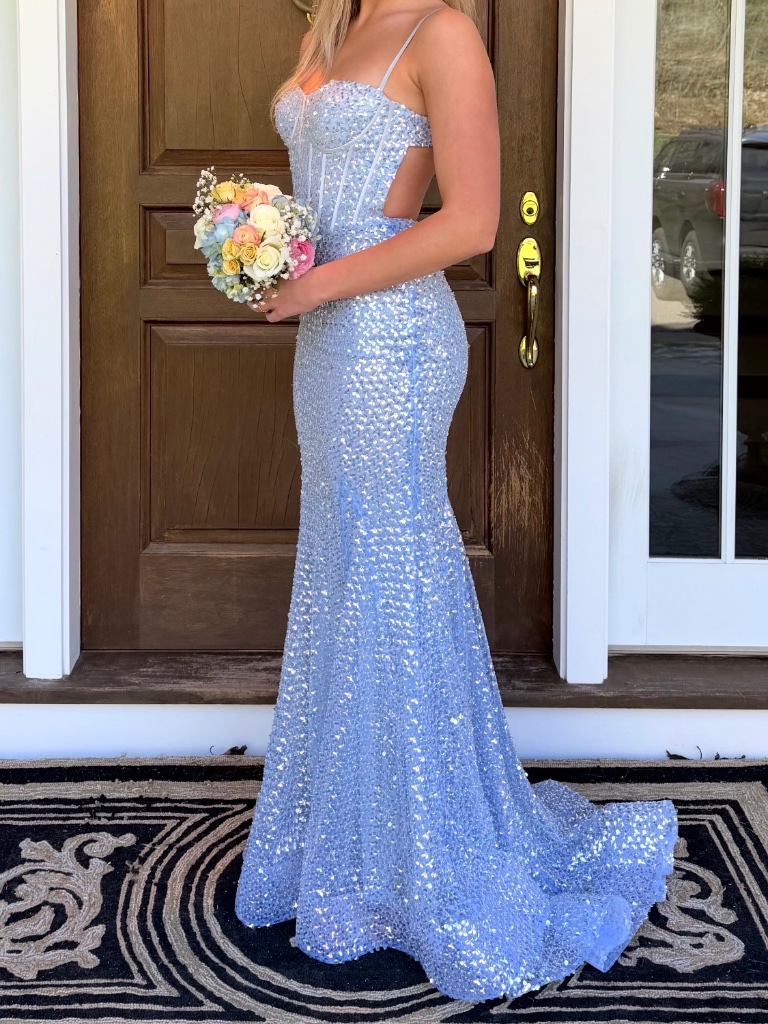 Designer Prom Dress Light Blue Sequins